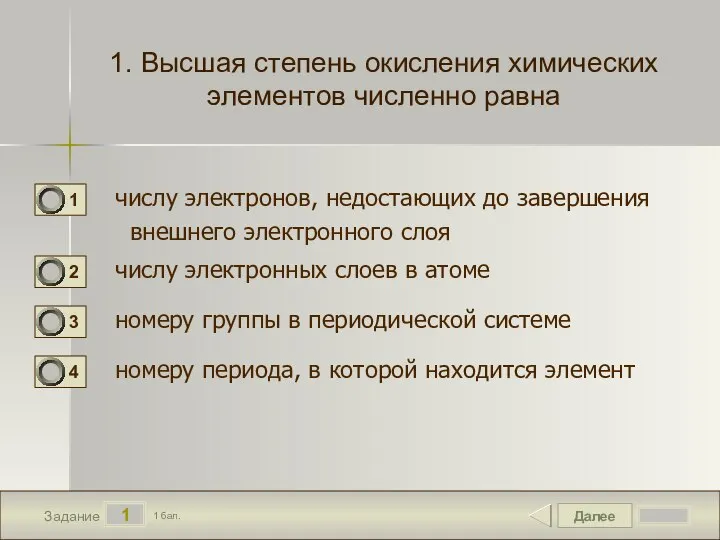 Далее 1 Задание 1 бал. 1. Высшая степень окисления химических элементов