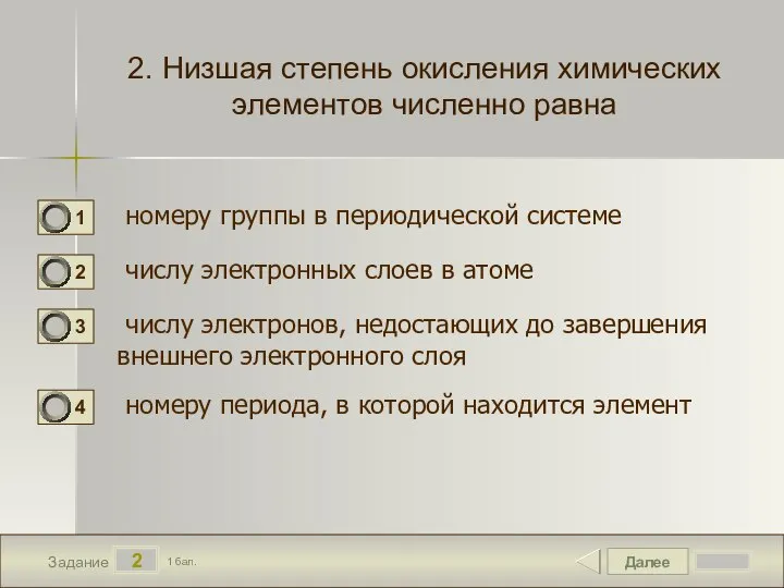 Далее 2 Задание 1 бал. 2. Низшая степень окисления химических элементов