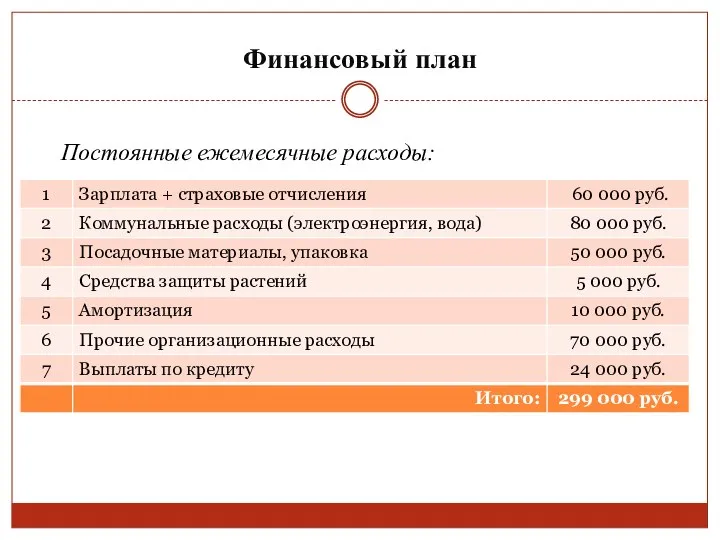 Финансовый план Постоянные ежемесячные расходы: