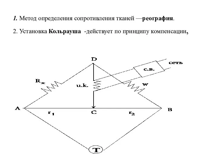 1. Метод определения сопротивления тканей —реография. 2. Установка Кольрауша -действует по принципу компенсации,