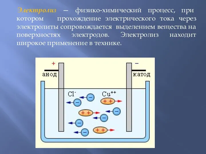 Электролиз — физико-химический процесс, при котором прохождение электрического тока через электролиты