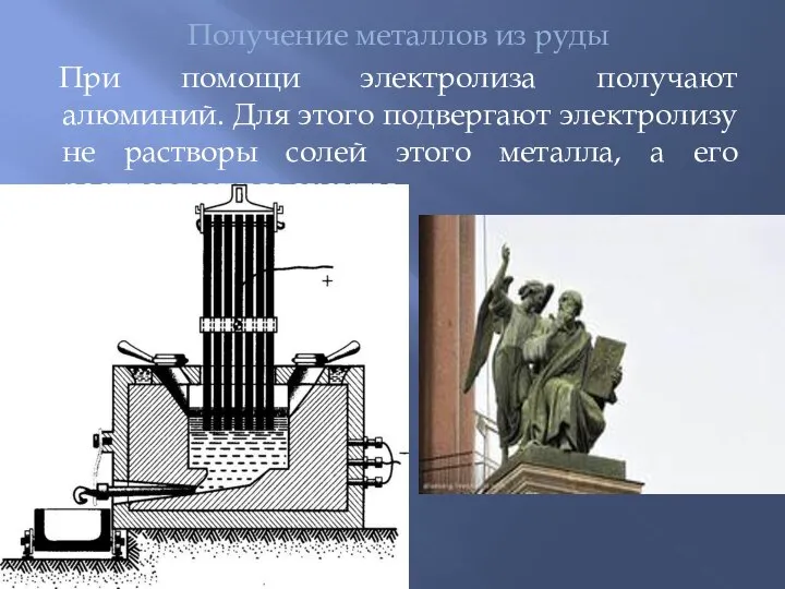 Получение металлов из руды При помощи электролиза получают алюминий. Для этого