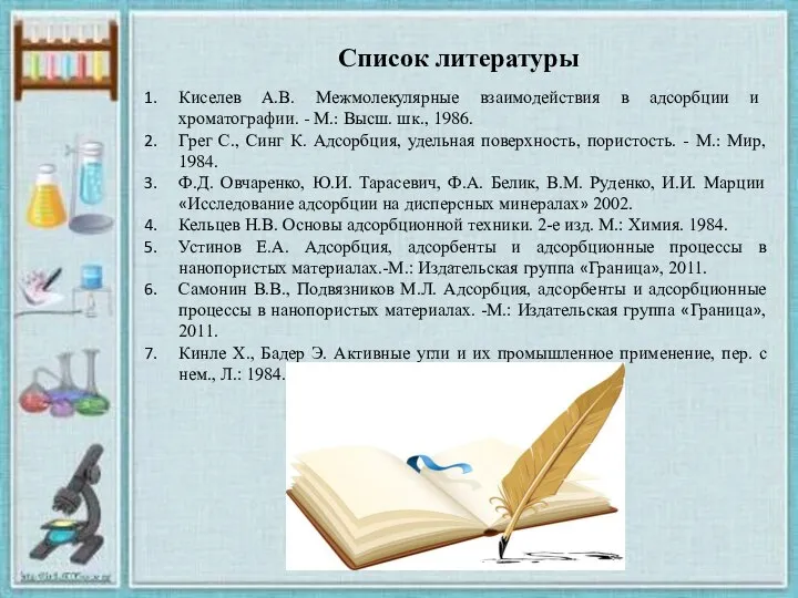 Список литературы Киселев А.В. Межмолекулярные взаимодействия в адсорбции и хроматографии. -