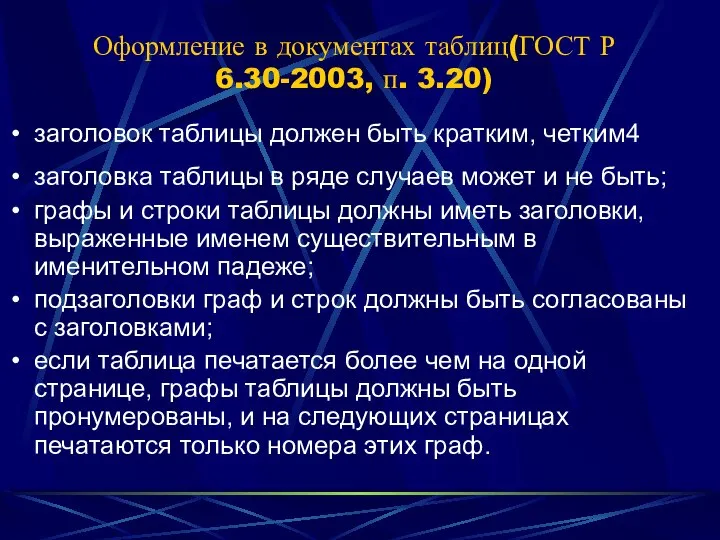 Оформление в документах таблиц(ГОСТ Р 6.30-2003, п. 3.20) заголовок таблицы должен