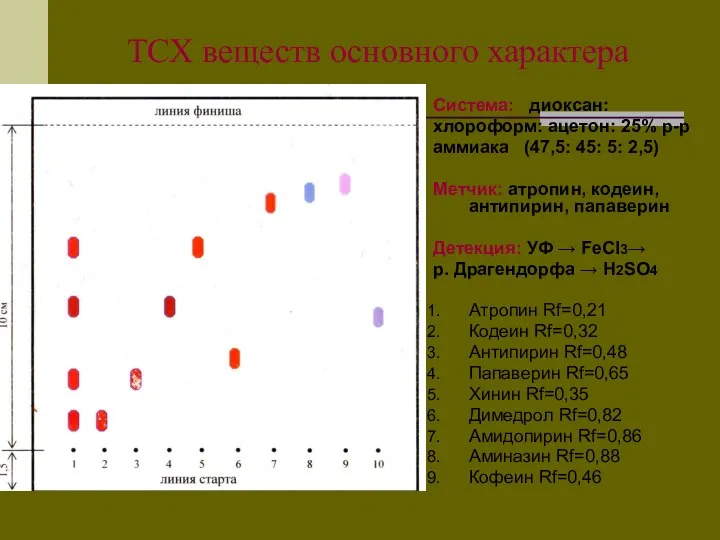 ТСХ веществ основного характера Система: диоксан: хлороформ: ацетон: 25% р-р аммиака