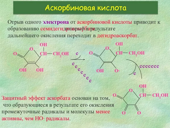 Аскорбиновая кислота Отрыв одного электрона от аскорбиновой кислоты приводит к образованию