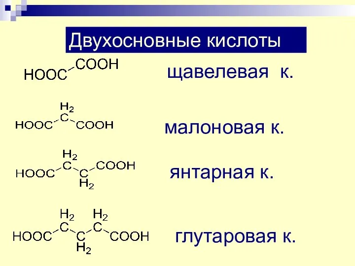 Двухосновные кислоты янтарная к. малоновая к. щавелевая к. глутаровая к.