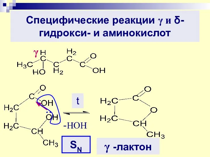 γ Специфические реакции γ и δ-гидрокси- и аминокислот γ -лактон t SN -HOH
