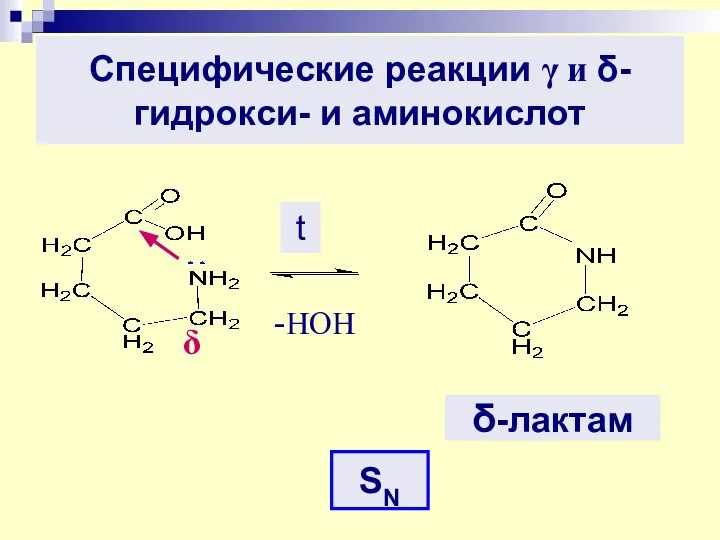 δ Специфические реакции γ и δ-гидрокси- и аминокислот δ-лактам t SN -HOH