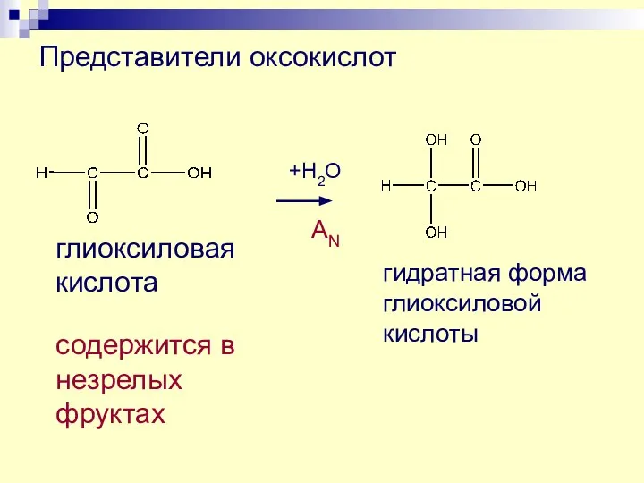 Представители оксокислот глиоксиловая кислота содержится в незрелых фруктах +H2O гидратная форма глиоксиловой кислоты AN