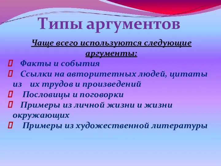 Типы аргументов Чаще всего используются следующие аргументы: Факты и события Ссылки