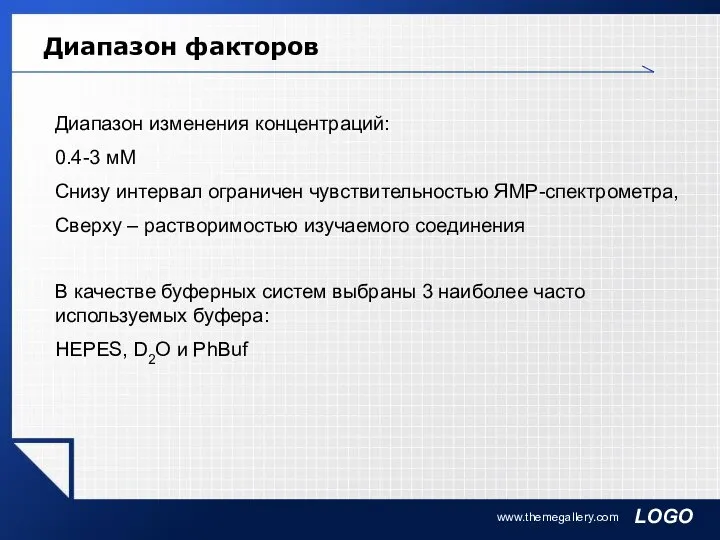 www.themegallery.com Диапазон факторов Диапазон изменения концентраций: 0.4-3 мМ Снизу интервал ограничен