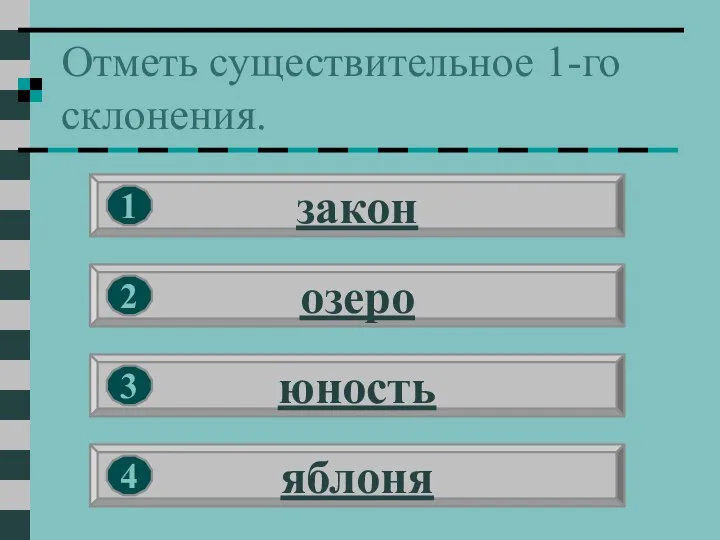 Отметь существительное 1-го склонения. закон озеро юность яблоня 1 2 3 4