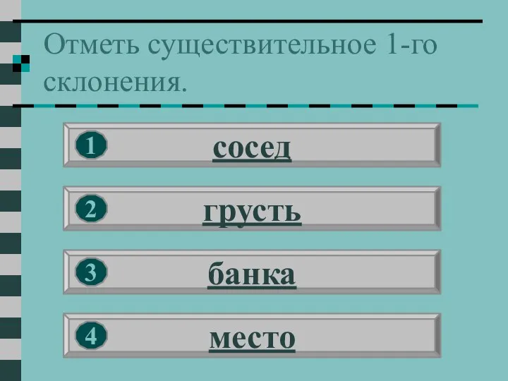 Отметь существительное 1-го склонения. сосед грусть банка место 1 2 3 4