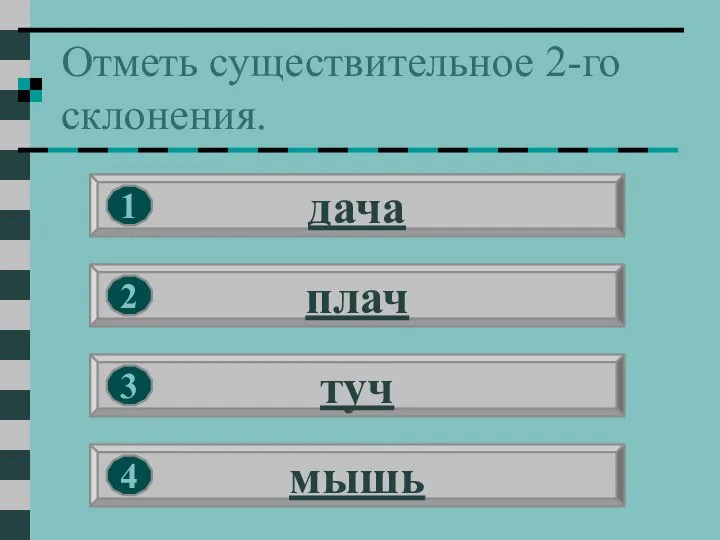 Отметь существительное 2-го склонения. дача плач туч мышь 1 2 3 4