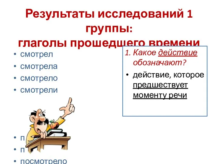 Результаты исследований 1 группы: глаголы прошедшего времени смотрел смотрела смотрело смотрели