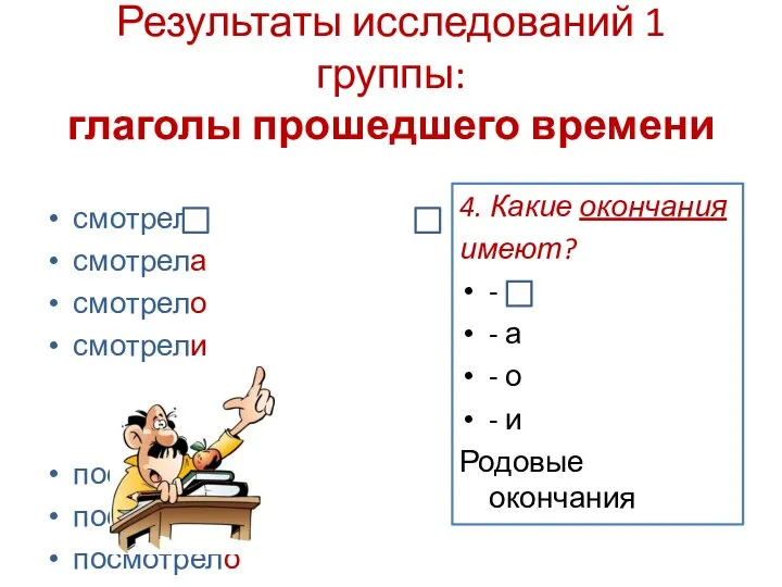 Результаты исследований 1 группы: глаголы прошедшего времени смотрел смотрела смотрело смотрели