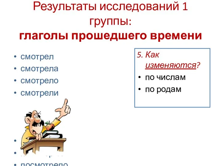 Результаты исследований 1 группы: глаголы прошедшего времени смотрел смотрела смотрело смотрели