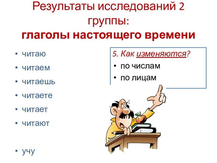 Результаты исследований 2 группы: глаголы настоящего времени читаю читаем читаешь читаете