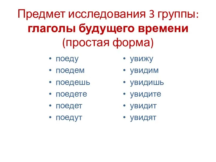 Предмет исследования 3 группы: глаголы будущего времени (простая форма) поеду поедем