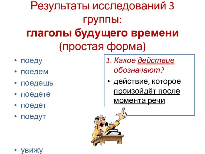 Результаты исследований 3 группы: глаголы будущего времени (простая форма) поеду поедем