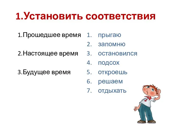 1.Установить соответствия 1.Прошедшее время 2.Настоящее время 3.Будущее время прыгаю запомню остановился подсох откроешь решаем отдыхать