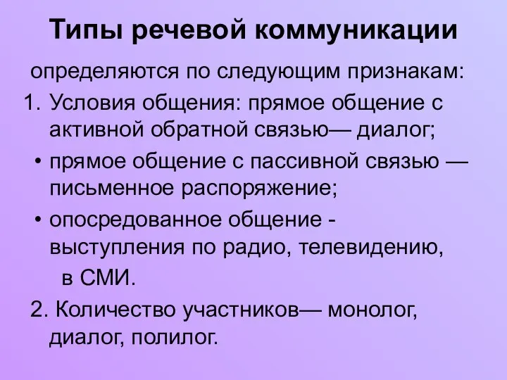 Типы речевой коммуникации определяются по следующим признакам: Условия общения: прямое общение