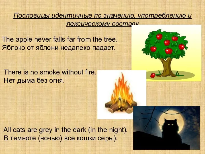 Пословицы идентичные по значению, употреблению и лексическому составу The аррlе never