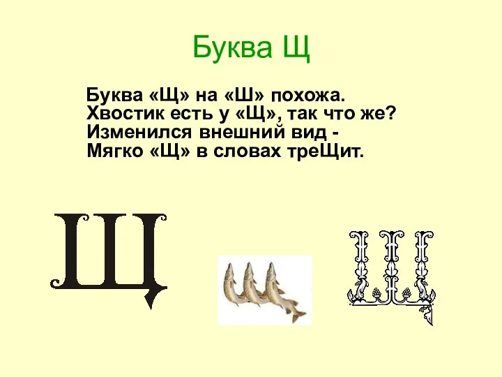 Буква Щ Буква «Щ» на «Ш» похожа. Хвостик есть у «Щ»,