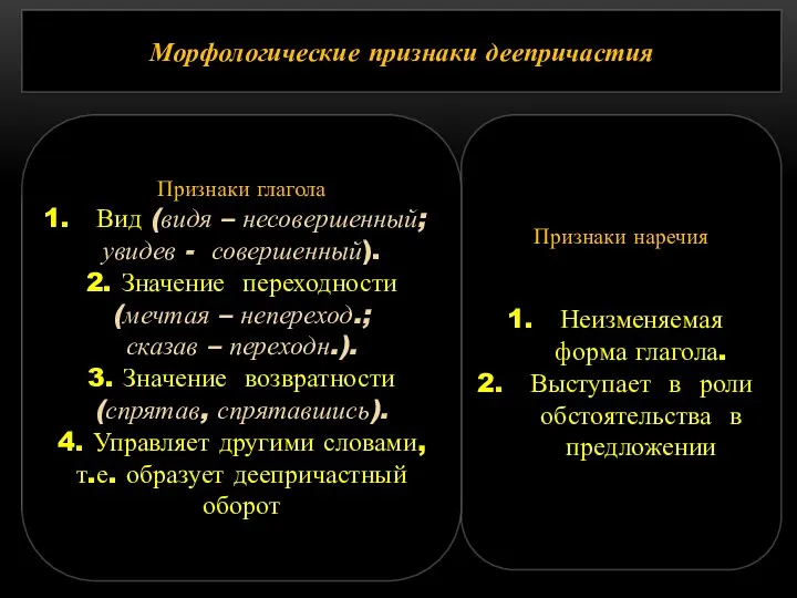 Признаки наречия Неизменяемая форма глагола. Выступает в роли обстоятельства в предложении