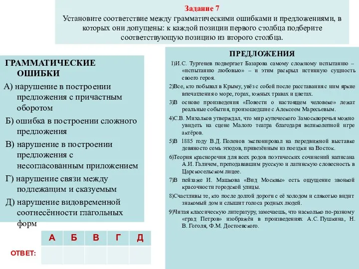 Задание 7 Установите соответствие между грамматическими ошибками и предложениями, в которых