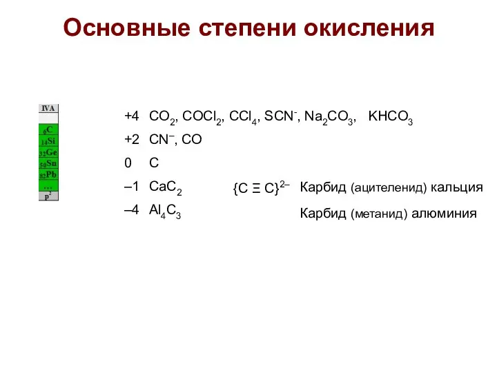 Основные степени окисления +4 CO2, COCl2, CCl4, SCN-, Na2CO3, KHCO3 +2