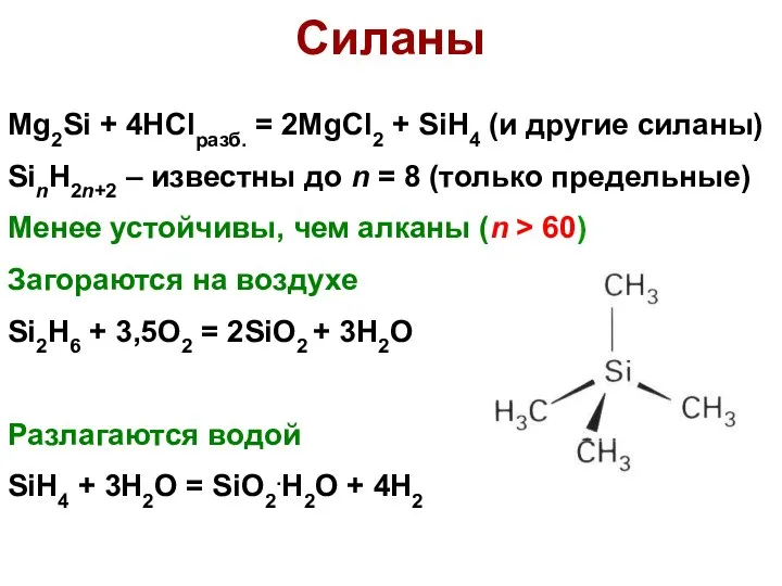 Cиланы Mg2Si + 4HClразб. = 2MgCl2 + SiH4 (и другие силаны)