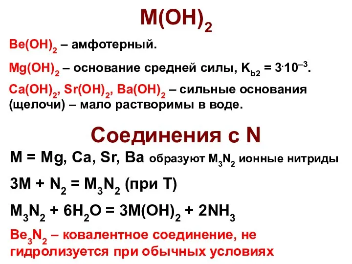 M(OH)2 Be(OH)2 – амфотерный. Mg(OH)2 – основание средней силы, Kb2 =
