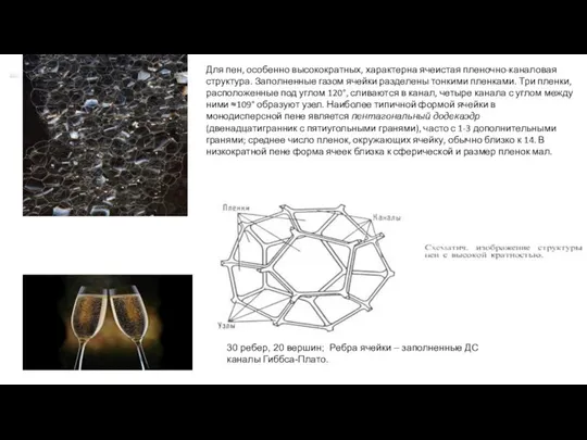 Для пен, особенно высокократных, характерна ячеистая пленочно-каналовая структура. Заполненные газом ячейки