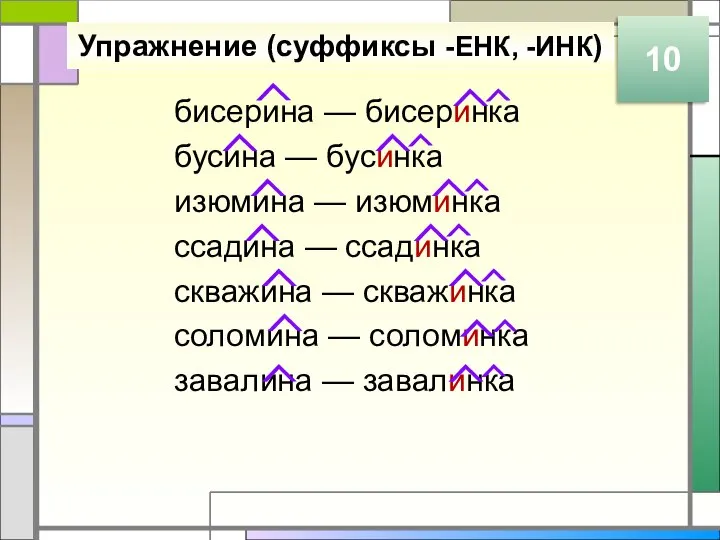 Упражнение (суффиксы -ЕНК, -ИНК) бисерина — бисеринка бусина — бусинка изюмина