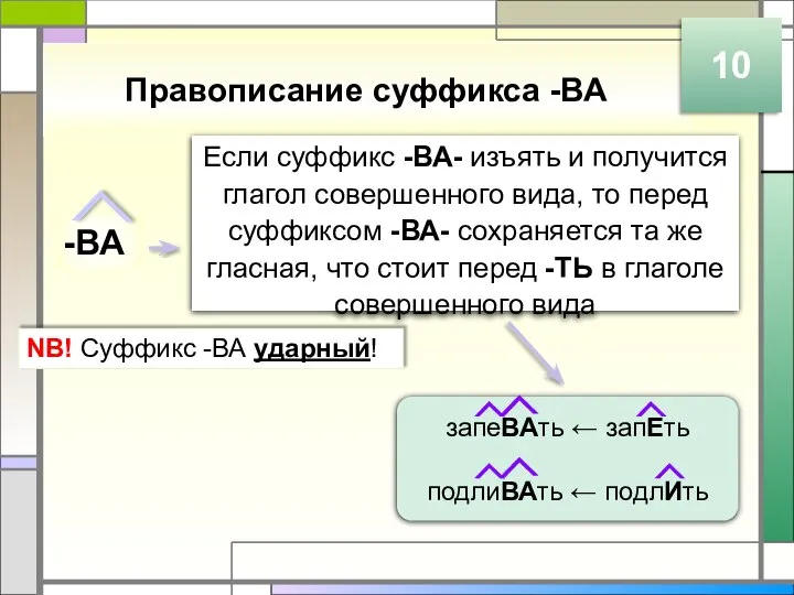 Правописание суффикса -ВА 10 -ВА Если суффикс -ВА- изъять и получится