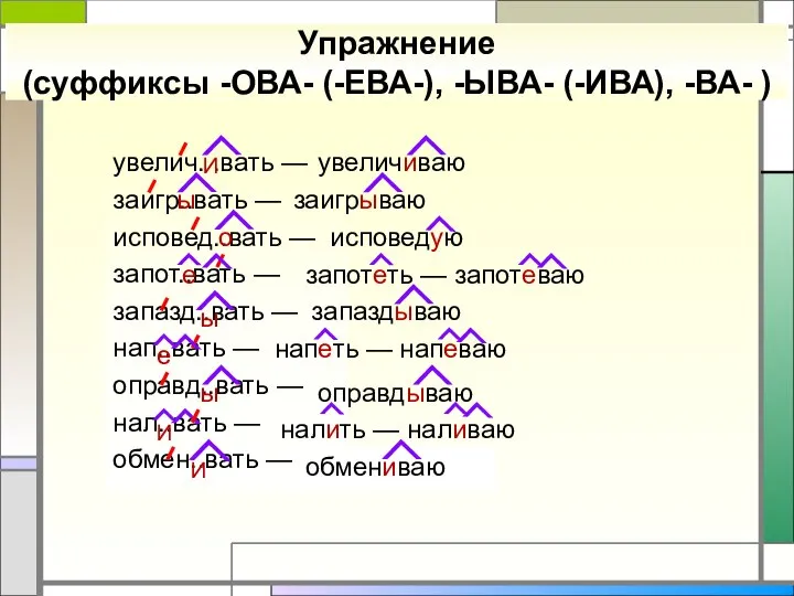 Упражнение (суффиксы -ОВА- (-ЕВА-), -ЫВА- (-ИВА), -ВА- ) увелич. .вать —