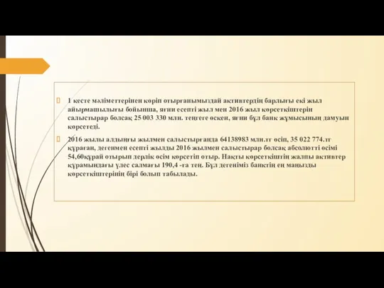 1 кесте мәліметтерінен көріп отырғанымыздай активтердің барлығы екі жыл айырмашылығы бойынша,