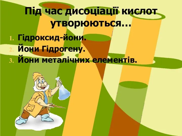 Під час дисоціації кислот утворюються… Гідроксид-йони. Йони Гідрогену. Йони металічних елементів.