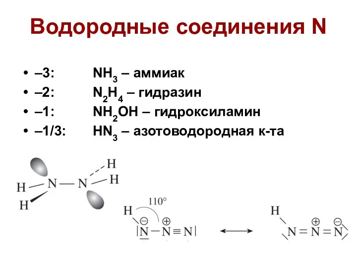 Водородные соединения N –3: NH3 – аммиак –2: N2H4 – гидразин