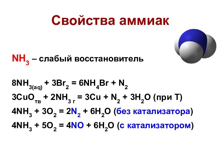 NH3 – слабый восстановитель 8NH3(aq) + 3Br2 = 6NH4Br + N2