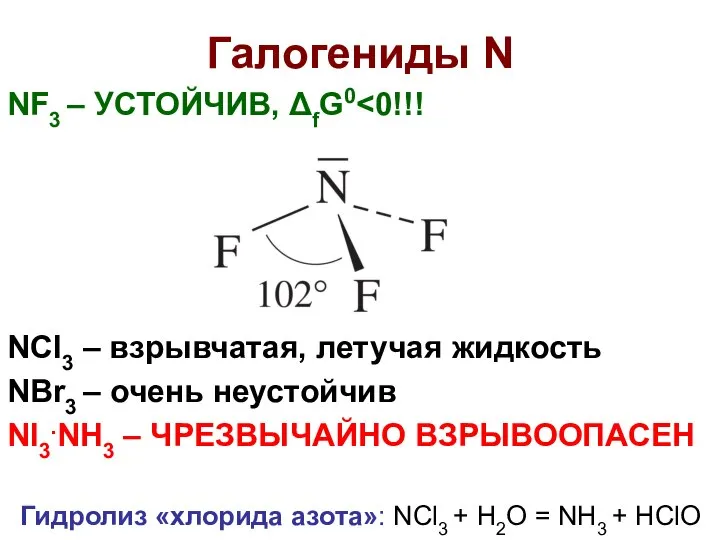 Галогениды N NF3 – УСТОЙЧИВ, ΔfG0 NCl3 – взрывчатая, летучая жидкость