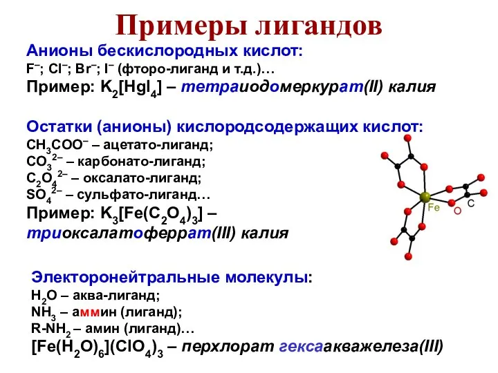 Анионы бескислородных кислот: F–; Cl–; Br–; I– (фторо-лиганд и т.д.)… Пример: