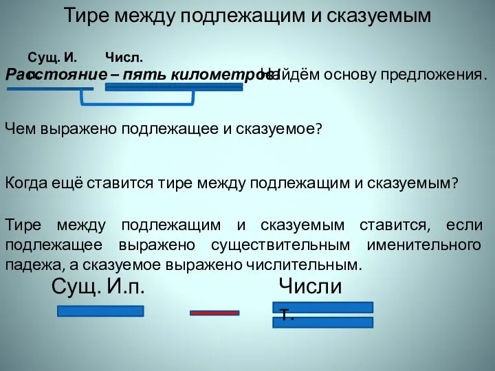 Тире между подлежащим и сказуемым Сущ. И.п. Числ. Найдём основу предложения.