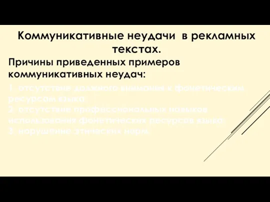 Коммуникативные неудачи в рекламных текстах. Причины приведенных примеров коммуникативных неудач: 1.