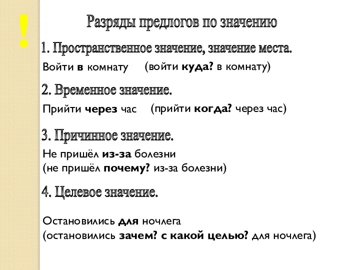 Разряды предлогов по значению Войти в комнату Прийти через час Не