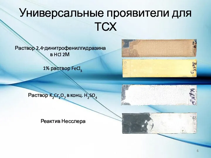 Универсальные проявители для ТСХ Раствор 2,4‑динитрофенилгидразина в HCl 2М 1% раствор