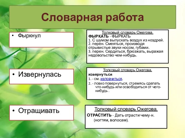 Словарная работа Фыркнул Толковый словарь Ожегова. извернуться 1. - см. изловчиться.