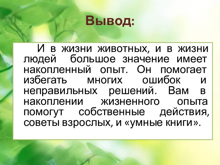 Вывод: И в жизни животных, и в жизни людей большое значение